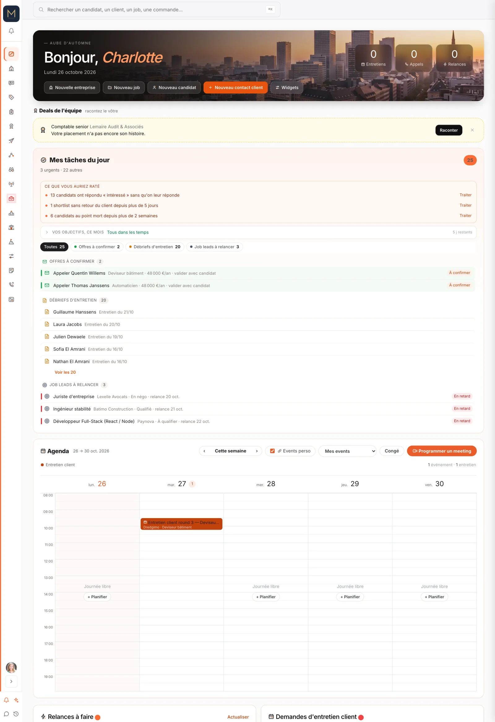 Le tableau de bord d'un recruteur dans Profilio (données fictives)
